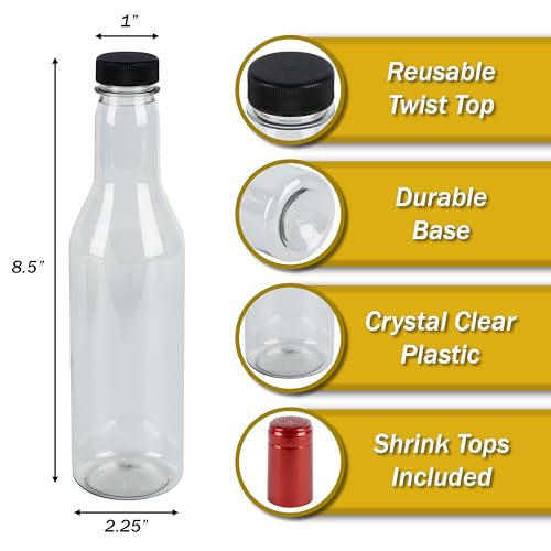 Clear Plastic Wine Bottles with Caps, 12 oz, Heat Shrink Caps, Pack of 8 Bottles