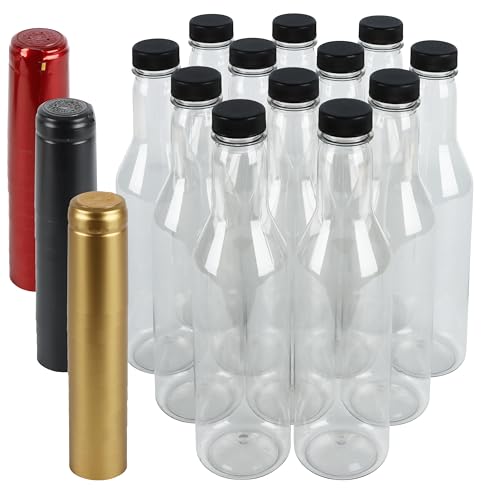 Clear Plastic Wine Bottles with Caps, 12 oz, Heat Shrink Caps, Pack of 8 Bottles