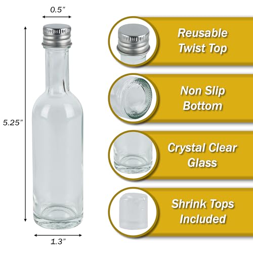 PELLAH GOODS 50 ml (1.7oz) Mini Liquor Bottle Glass With Leak Proof Cap and Heat Shrink Seal, Silver Aluminum Lids, 24 Pack, For Liquor Wine Alcohol Ginger Shots Small Tequila