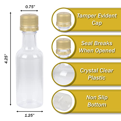 PELLAH GOODS 50 ml (1.7 oz) Clear Mini Liquor Bottle with Tamper Evident Cap, Pack of 14 Small Plastic Bottles and Lids