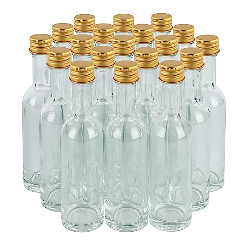 Pellah Goods 50 ml (1.7oz) Mini Small Glass Bottles With Leak Proof Gold Caps, Aluminum Lids, 24 Pack, For Liquor Wine Alcohol Ginger Shots SamplesTequila