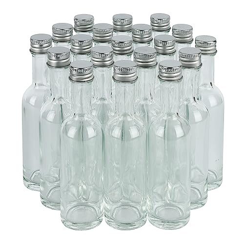 PELLAH GOODS 50 ml (1.7oz) Mini Liquor Bottle Glass With Leak Proof Cap and Heat Shrink Seal, Silver Aluminum Lids, 24 Pack, For Liquor Wine Alcohol Ginger Shots Small Tequila