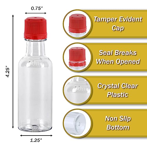 PELLAH GOODS 50 ml (1.7 oz) Clear Mini Liquor Bottle with Tamper Evident Cap, Pack of 14 Small Plastic Bottles and Lids