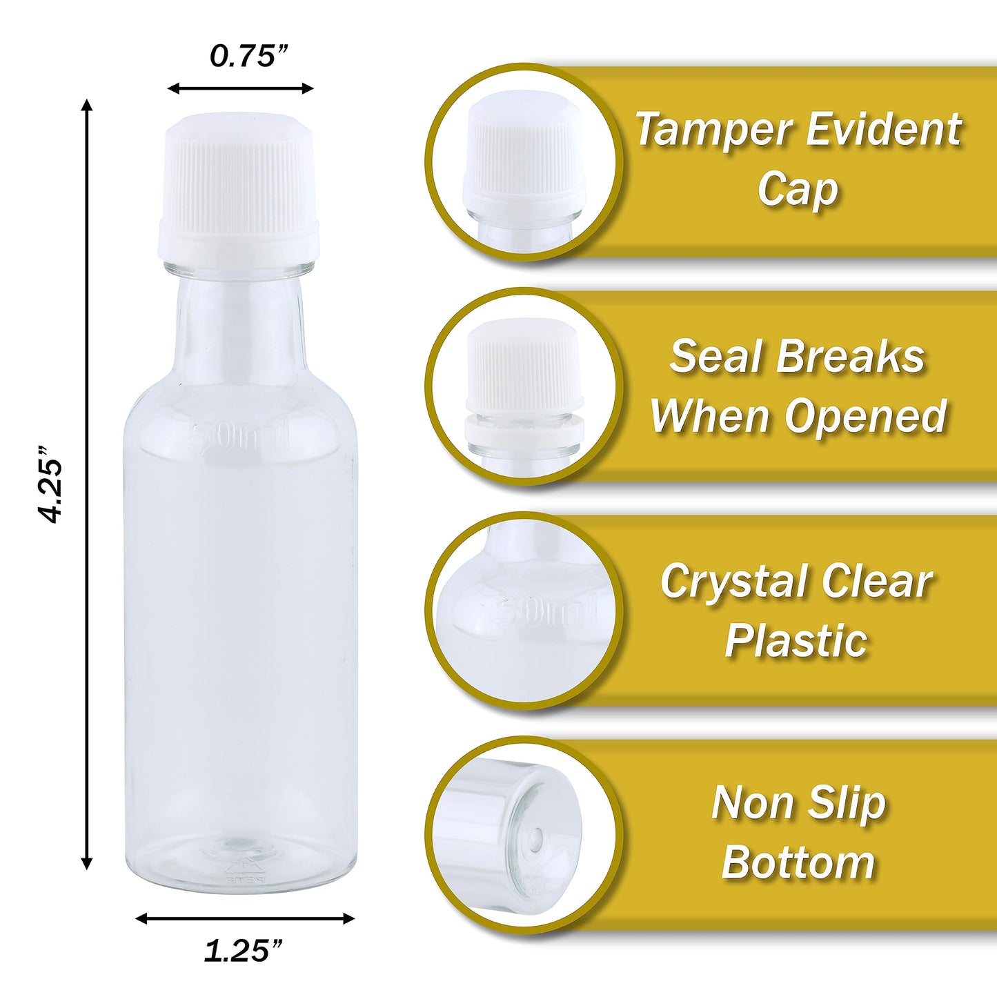 50 ml (1.7 Oz.) Plastic Mini Bottle with Tamper Evident Caps - Pack Of 56